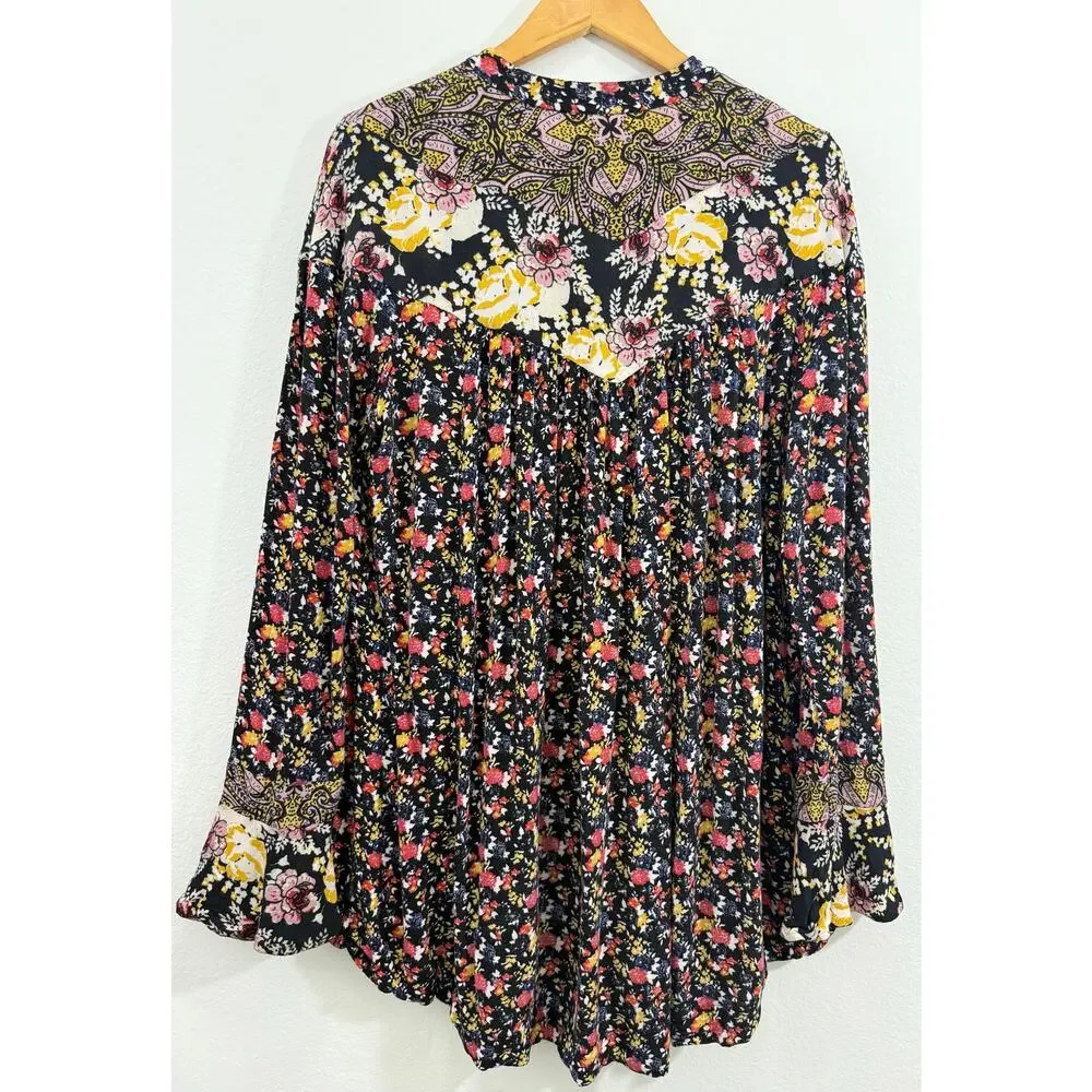 Free People Wildflower Fields Floral Tunic Blouse Boho Button Henley Top Sz L